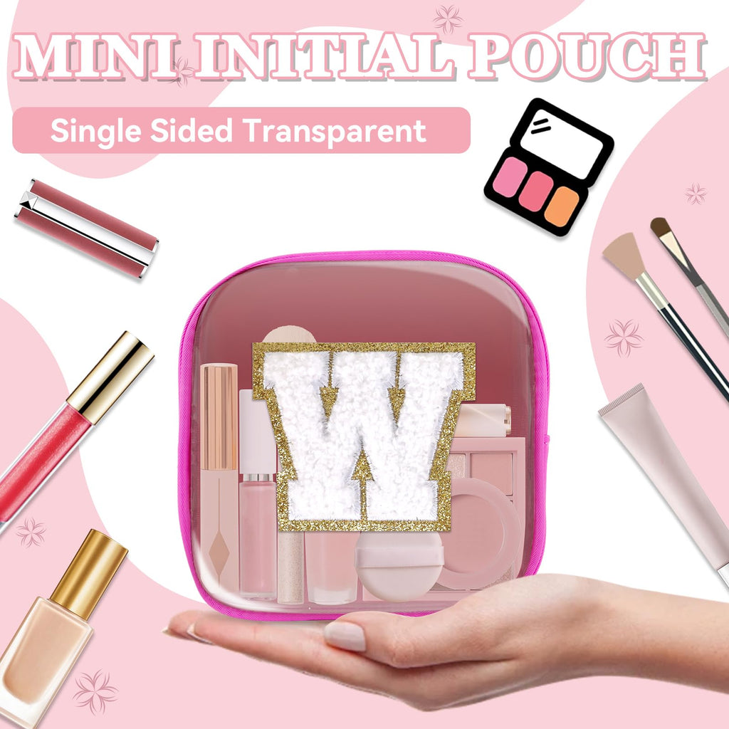 Mini Clear Personalized Initial Makeup Bag, Small Preppy A-Z Chenille Letter Patch Cosmetic Pouch, Transparent PVC & Nylon Waterproof Zip Beach Toiletry Bag,Gift for Women Girls(Hot Pink-White W)