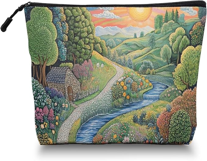 Scribesense Cosmetic Bags Travel Makeup Toilet Case Waterproof Pouch for Women Girls 6.7X9.45inches - Idyllic Country Landscape With Path And Sun