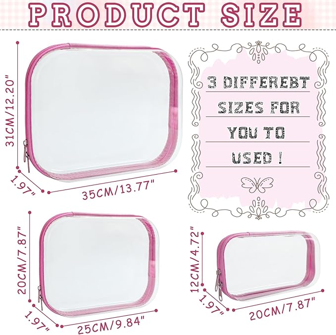 YOQIVEXU 3 Pcs Clear Hard Zipper Case, Hard Shell Plastic Clear Organizer Bag, Transparent Makeup Pouches, Portable Box for Travel Toiletries Storage Bins (Pink, Multi)