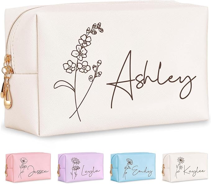 Fincekoom Personalized Makeup Bag with Name & Birth Flower, Custom Leather Cosmetic Bags for Women, Customized Travel Toiletry Bag Gifts for Bridesmaid Wedding