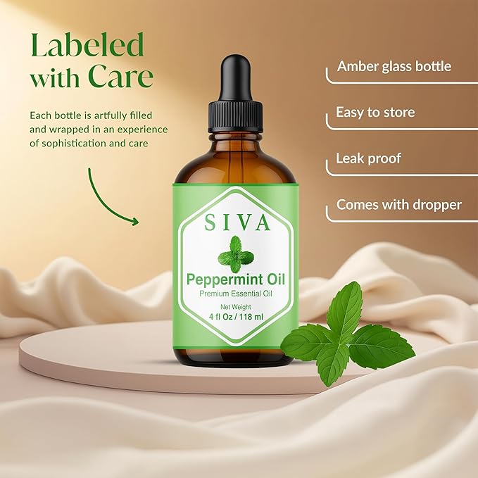 Siva Peppermint Essential Oil 4 Fl Oz – for Diffuser, Skin & Hair Care – Ideal for Aroma, Massage & DIY Blends- with Dropper