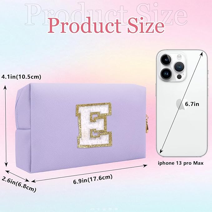 Small Personalized Letter Makeup Bag, Cute PU Leather Chenille Letters Cosmetic Bag Travel Makeup Pouch, Preppy Travel Organizer Zipper Pouch for Women&Girls（Purple-E）