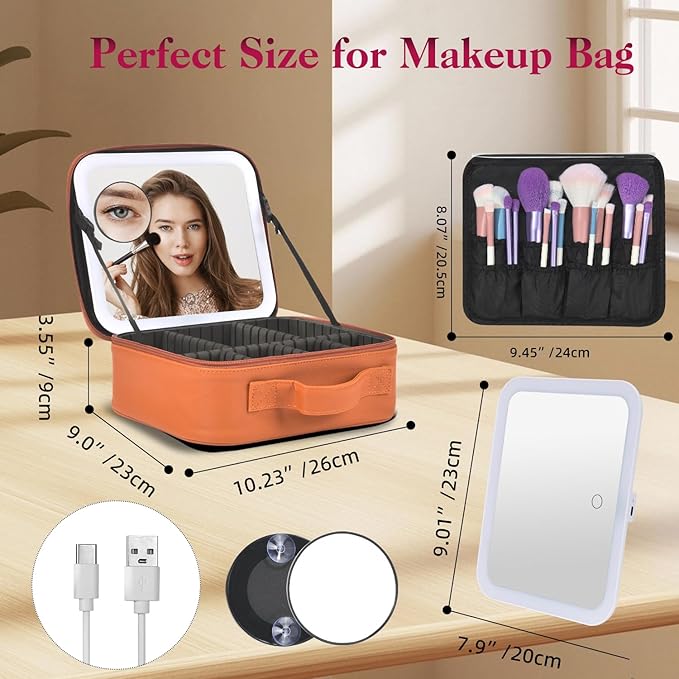 Yaliang Travel Makeup Bag with Mirror & 6 Adjustable EVA Dividers, Camel