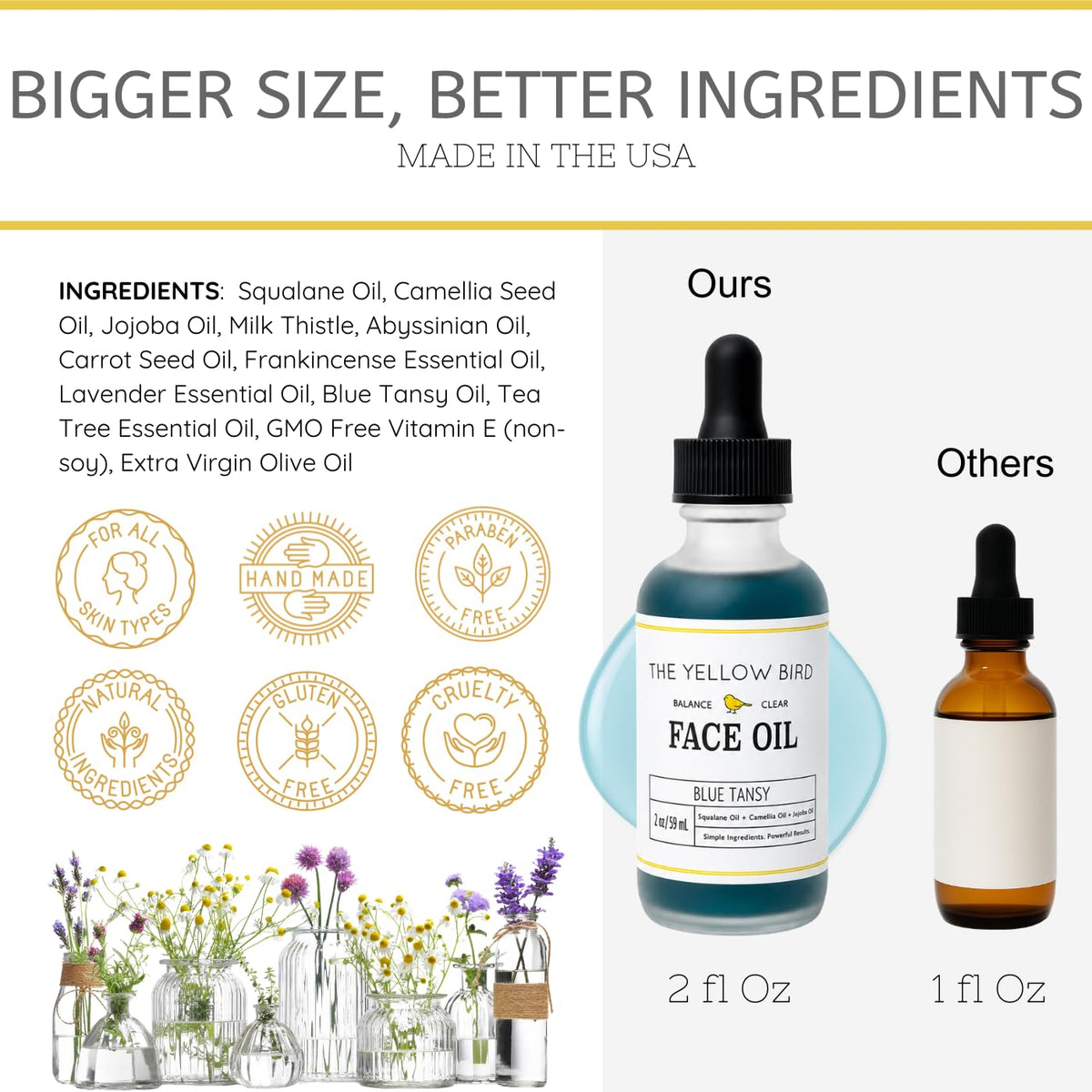 Yellow Bird Balancing Blue Tansy Face Oil 2 oz / 59 ml – Skin Glowing Serum. Collagen Support. Promotes Clear Skin Naturally. Wrinkle, Blemish & Pore Minimizer. Natural, Vegan Facial Moisturizer.