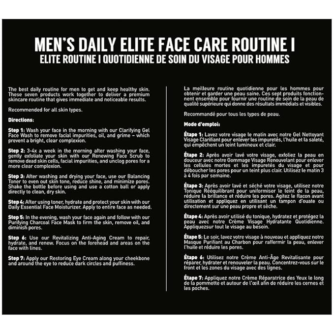 Brickell Men's Daily Elite Face Care Routine I, Toner, Gel Face Wash, Face Scrub, Anti-Aging Cream, Eye Cream, Charcoal Mask & Moisturizer, With Protein Peptides, Hyaluronic Acid, & Caffeine, Scented