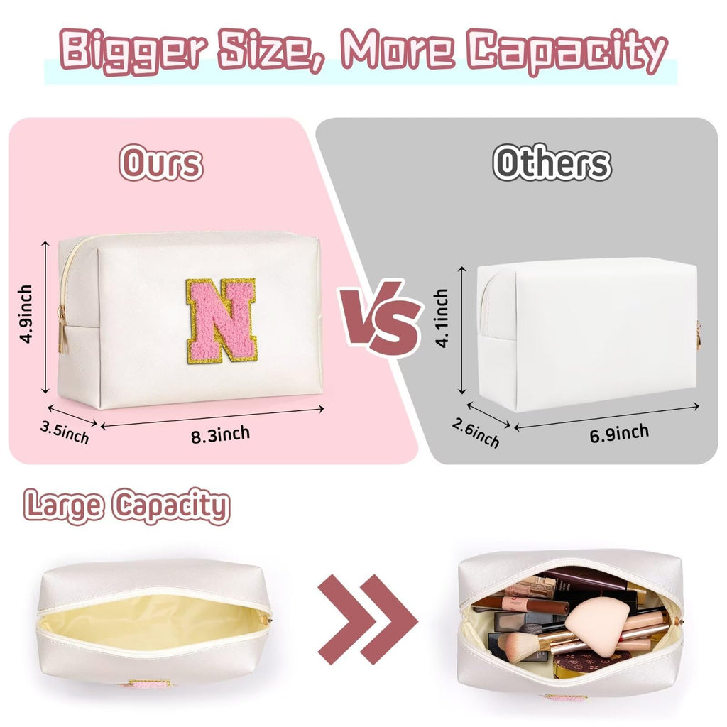 TOPEAST Initial Cosmetic Bag, PU Leather Waterproof Travel Toiletry Bag, Monogrammed Gifts for Women, Personalized Birthday Gift for Sister Friends, Cute Stuff for Girls (Pearly White K)