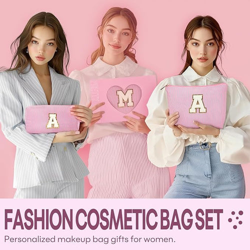 2 PCS Initial Makeup Bags for Women: Cosmetic Bag for Travel Toiletry - Birthday Gifts for 11 12 13 14 15 16 17 18 Years Old Girl Graduation Teacher Gift- Teen Girl Gifts Trendy Stuff - Pink C