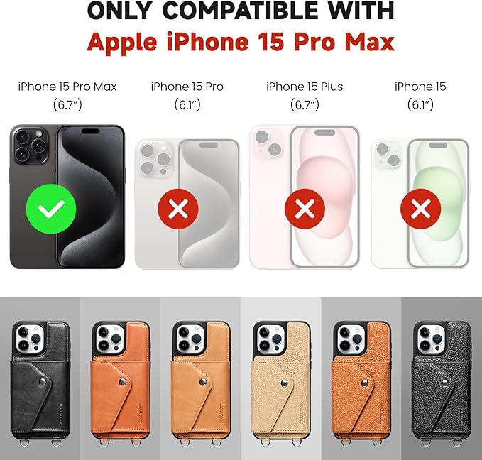LUCKYCOIN Crossbody Phone Case for iPhone 15 Pro Max,100% Genuine Leather Phone Wallet Case for Women, Premium Hands-Free Phone Purse with Expandable Flip Card Holder & Adjustable Strap - Pebble Brown