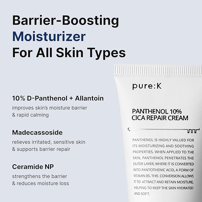PURE K Panthenol 10% CICA Repair Cream – Clinically Tested Barrier Recovery Moisturizer for Sensitive, Post-Blemish & Redness-Prone Skin, Fragrance-Free & Vegan, Korean Skincare (2.7 Fl Oz / 80ml)