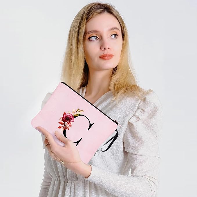 Vavabox A-Z Personalized Makeup Bag, Birthday Gifts for Women Mom, Gifts for Best Friend, Bride Bridesmaid Cosmetic bag (C, 06-Pink)