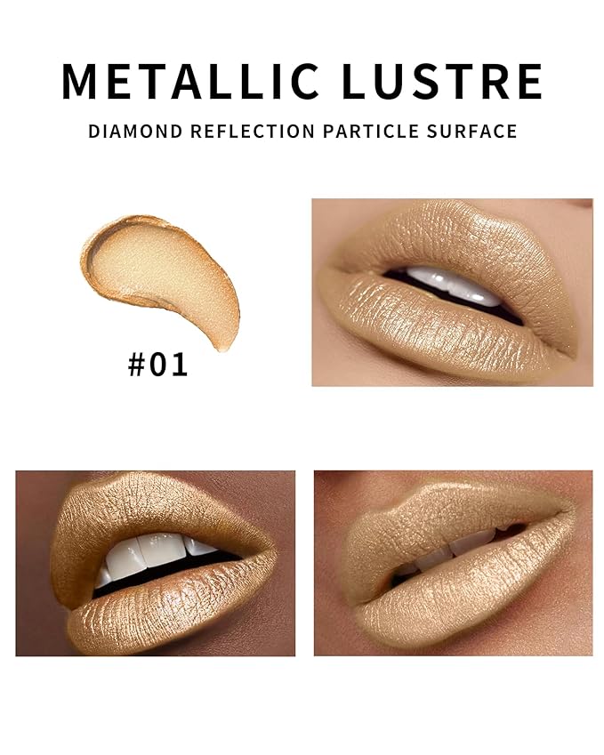 Glitter Light Gold Lipstick for Women,Long Lasting Metallic Lipstick Makeup