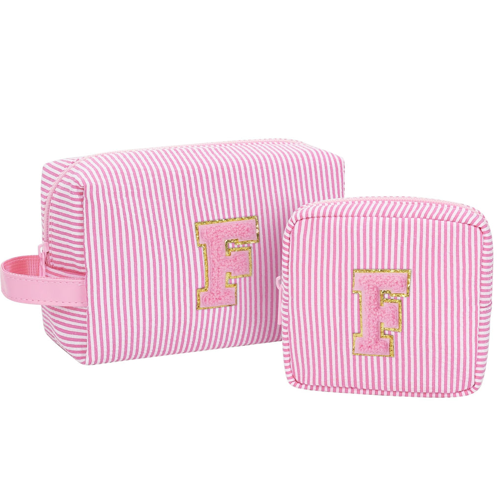 MONSTINA Initial Makeup Bag for Women,Personalized Make Up Case for 10 11 12 13 14 15 16 17 18 Years Old Teen Girls Gifts|Cute Toiletry Bag Preppy Chenille Letter Patch,Pink F