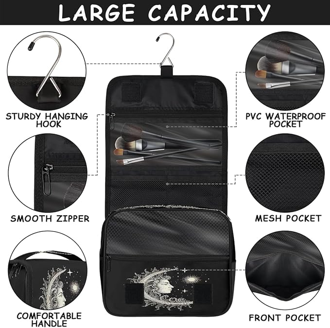 YoYoYuchong Travel Toiletry Bag for Women & Men Ethnic Moon Sun Hanging Cosmetic Organizer Portable Waterproof Makeup Case Make Up Bag with Compartments Travel Essentials for Bathroom Shower