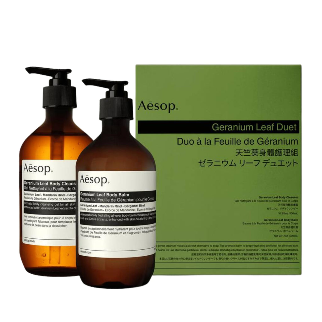 Aesop Geranium Leaf Body Cleanser & Balm Set | Citrus & Fresh Duo to Cleanse and Hydrate Skin | Geranium Leaf, Mandarin Rind, Bergamot Rind | 16.9 oz / 500mL (Set of 2)