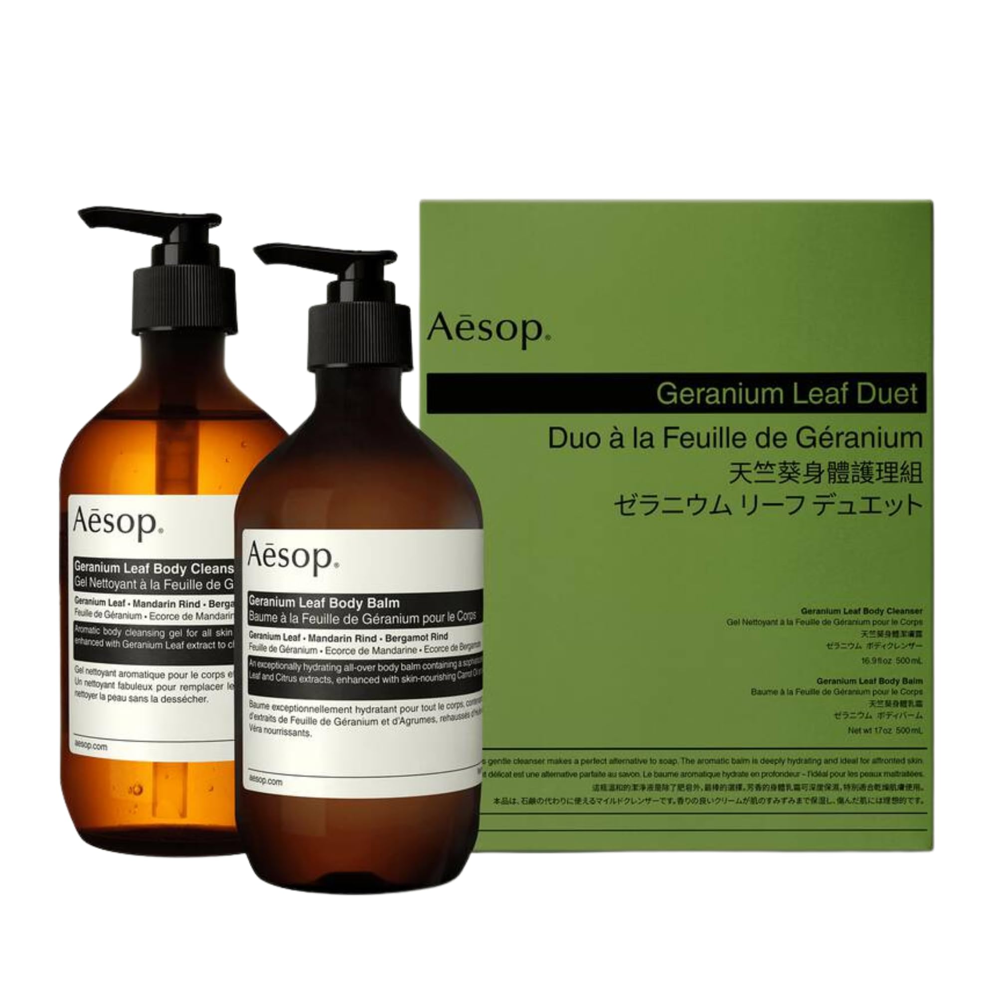 Aesop Geranium Leaf Body Cleanser & Balm Set | Citrus & Fresh Duo to Cleanse and Hydrate Skin | Geranium Leaf, Mandarin Rind, Bergamot Rind | 16.9 oz / 500mL (Set of 2)