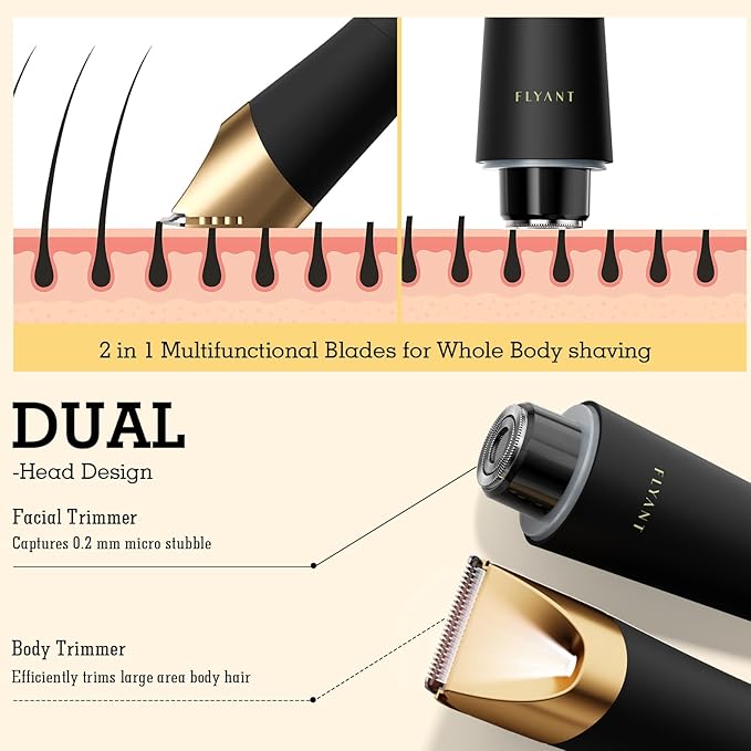 Bikini Trimmer for Women, Flyant 2 in 1 Electric Shaver for Women, Pubic Hair Trimmer Waterproof IPX7 with LED, Bikini Razor for Leg Arm Underarm Bikini Area, Christmas Gifts for Her - Black Gold