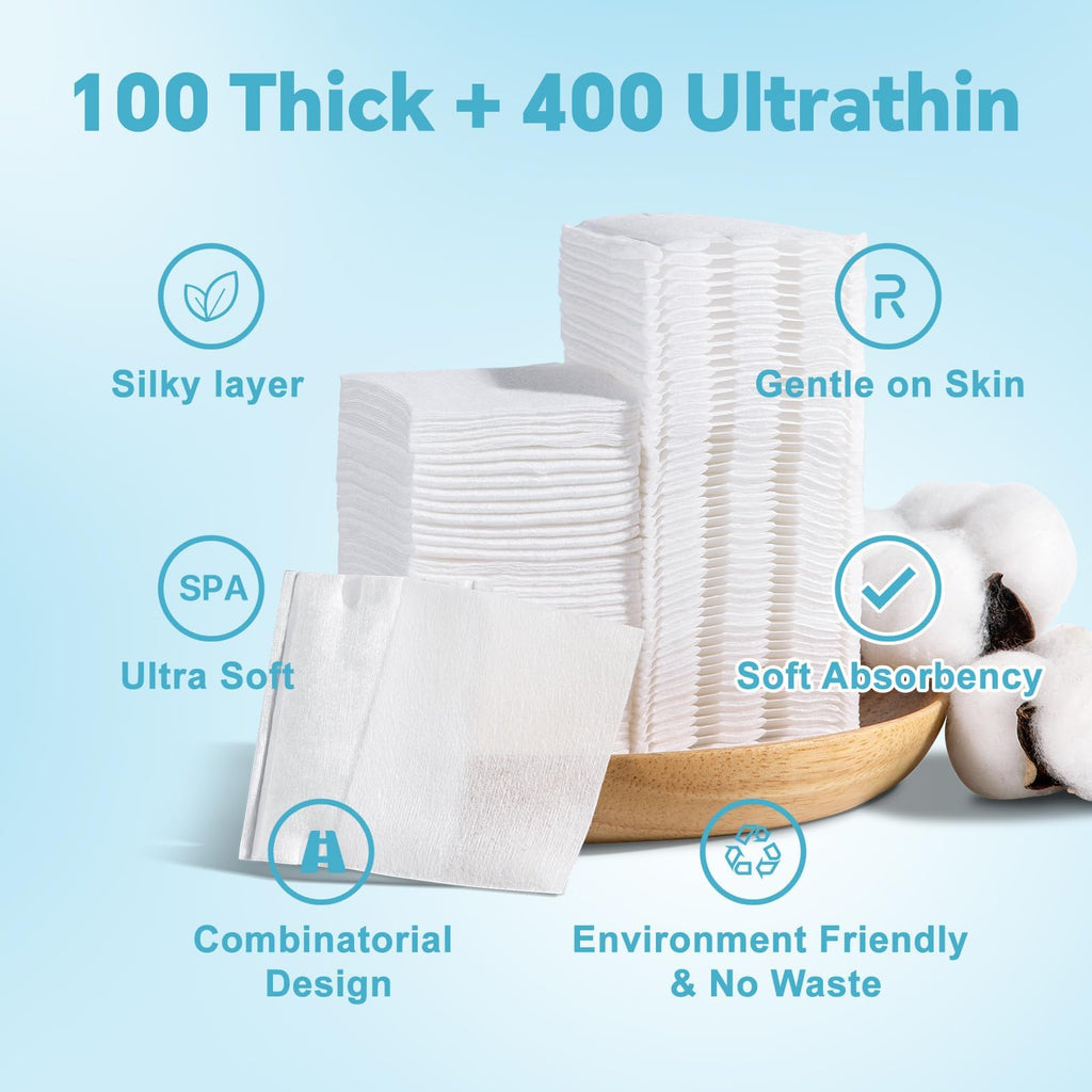 Square Cotton Pads for Face (500 Count) - 100% Pure Cotton, Soft Lint-Free Makeup Remover Pads for Facial and Eye Use, Double-Sided Design to Save Water, Hypoallergenic (100 Thick & 400 Ultra-Thin)