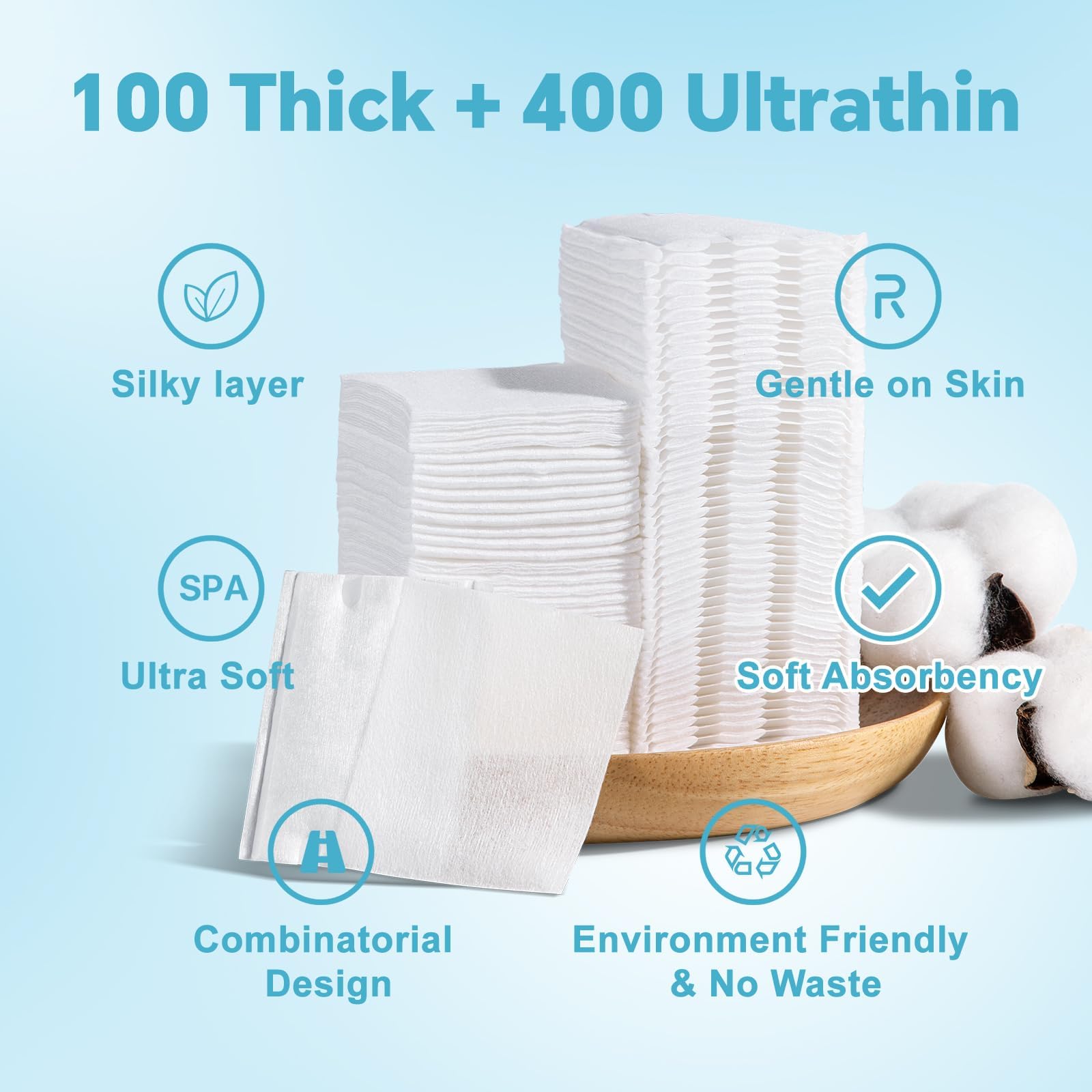 Square Cotton Pads for Face (500 Count) - 100% Pure Cotton, Soft Lint-Free Makeup Remover Pads for Facial and Eye Use, Double-Sided Design to Save Water, Hypoallergenic (100 Thick & 400 Ultra-Thin)