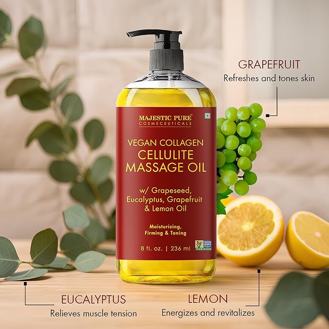 Majestic Pure Cellulite Massage Oil, Toning Body Blend, with Roller 8 Fl Oz
