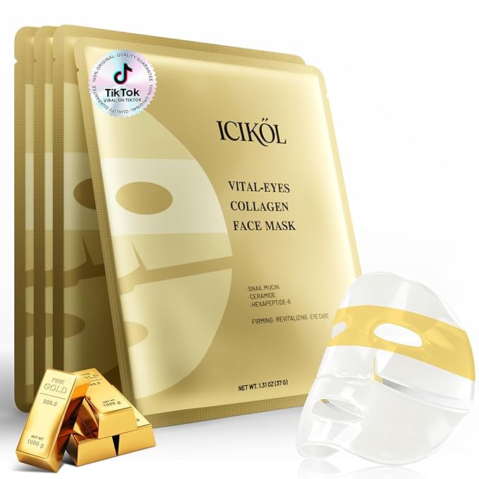 ICIKOL Collagen Face Mask with 24K Gold & Snail Mucin, Extra Eye Care Hydrogel Mask for Age-Defying & Skin Glowing, Overnight Elasticity Repair, 37g x 4 Sheets
