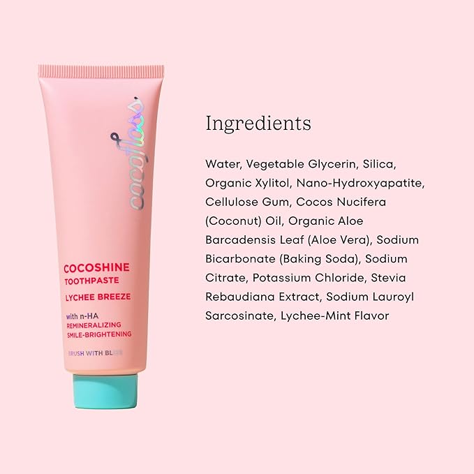 Cocoshine Teeth Whitening Toothpaste by Cocolab, Nano-Hydroxyapatite Toothpaste, Non-Fluoride with Xylitol and Coconut Oil, Gently Formulated for Sensitive Teeth, Adults and Kids, Lychee Breeze,3.4Oz