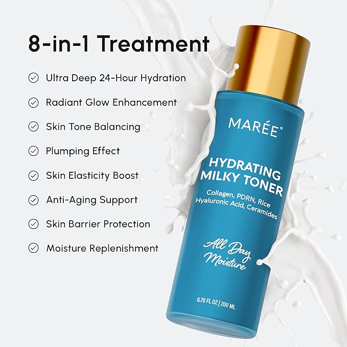 MAREE Hydrating Milky Toner for Face - Rice Toner with Niacinamide & Collagen - Skin Barrier Repair Hydrating Toners for Face - Milk Toners Essence - PDRN, Hyaluronic Acid, Facial Milky Cleanser