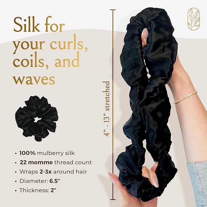 Curlfriend Oversized Mulberry Silk Scrunchies for Women, XL, Black