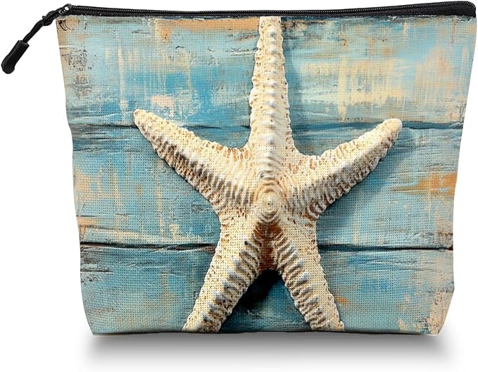 Scribesense Cosmetic Bags Travel Makeup Toilet Case Waterproof Pouch for Women Girls 6.7X9.45inches - Starfish on A Weathered Blue Wooden Board