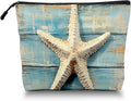 Scribesense Cosmetic Bags Travel Makeup Toilet Case Waterproof Pouch for Women Girls 6.7X9.45inches - Starfish on A Weathered Blue Wooden Board