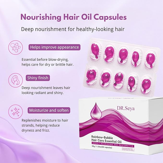 DR.Seya Hair Oil Capsules (50 Count) with Argan Oil & Jojoba Oil, Moisturizing Hair Treatment Oil for Dry Frizzy Damaged Hair, Nourishing Hair Serum Capsules for All Hair Types