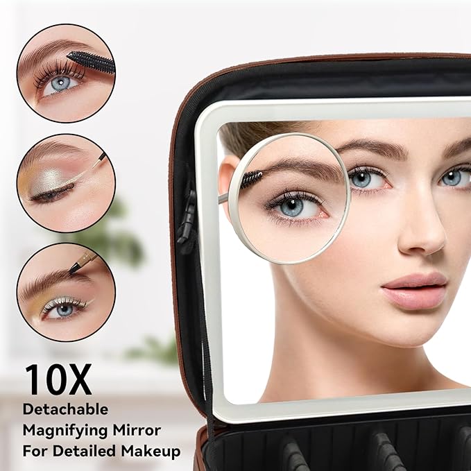 SLUMAZI Travel Makeup Bag with LED Mirror and 10x magnifying glass with 3 Lighted Settings, Adjustable Dividers and Makeup Brush Storage Bag Dark Brown