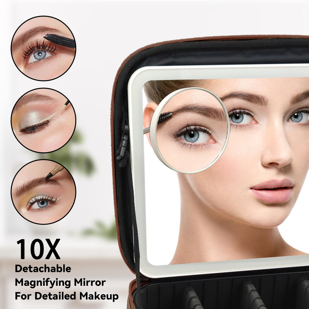 SLUMAZI Travel Makeup Bag with LED Mirror and 10x magnifying glass with 3 Lighted Settings, Adjustable Dividers and Makeup Brush Storage Bag Dark Brown
