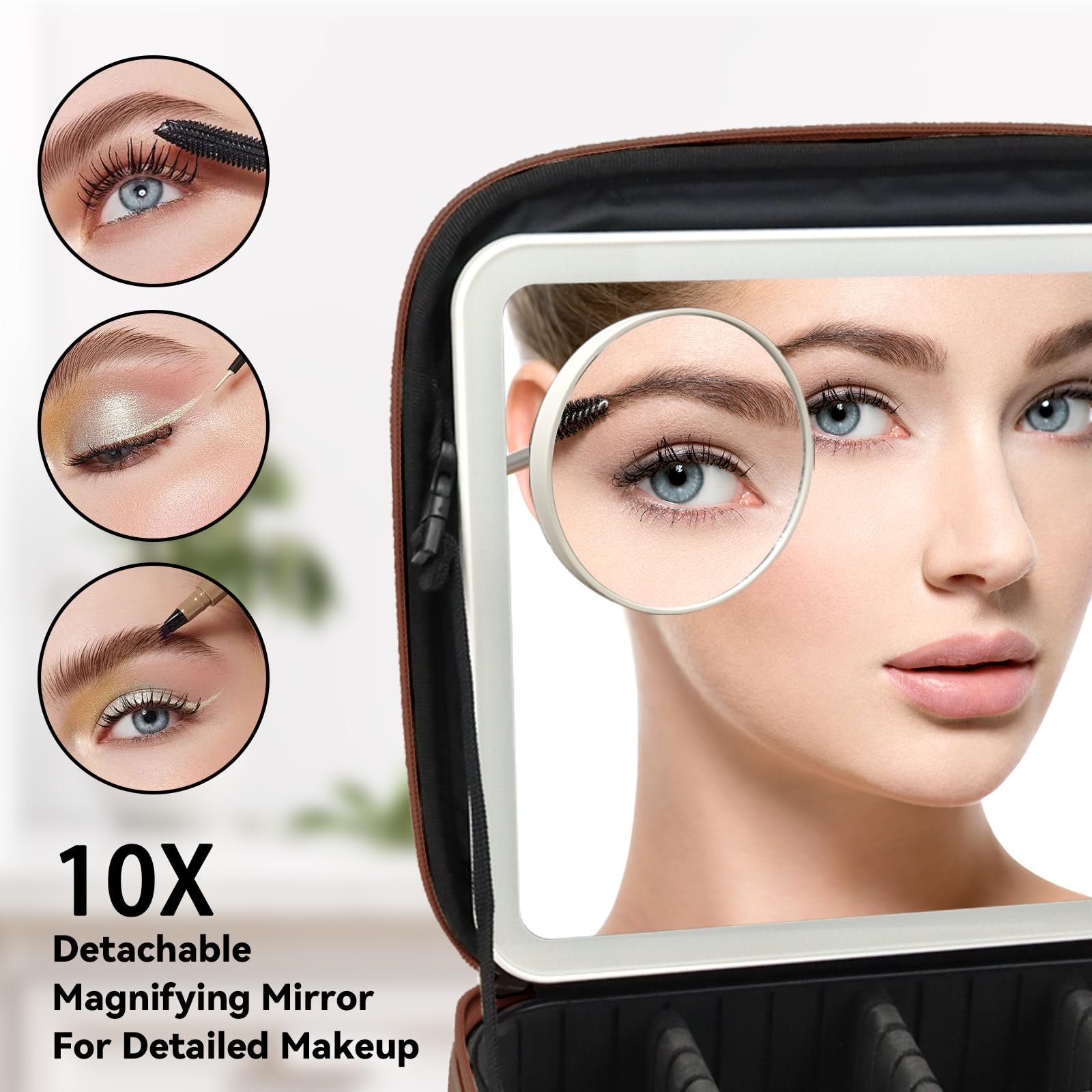 SLUMAZI Travel Makeup Bag with LED Mirror and 10x magnifying glass with 3 Lighted Settings, Adjustable Dividers and Makeup Brush Storage Bag Dark Brown