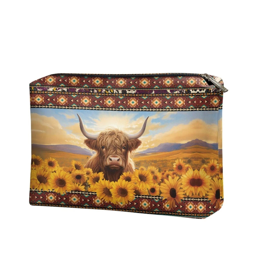 COEQINE Sunflower Purse Leather Cosmetic Wallet for Women Western Party Bag Elehant Cosmetic Pouch With Zipper Cute Highland Cow Purses Cosmetic Wallet for Travel Birthday Party