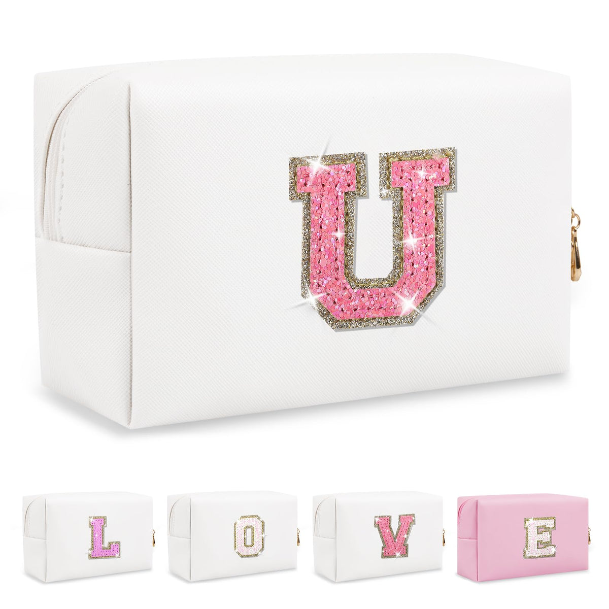 Small Personalized Initial A-Z Preppy Patch Makeup Bag,White PU Chenille Letter Travel Cosmetic Pouch with Zipper,Cute Toiletry Bag,Gift Ideal for Teen Girls Women Teacher Bridesmaid,Letter U