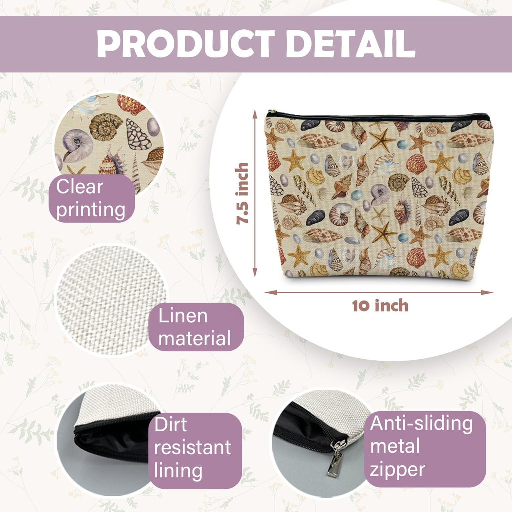 RYYCDOI Costal Beach Makeup Cosmetic Bag for Women - Women's Beach Gifts, Seashell Starfish Beachy Small Makeup Bag Pouch for Purse