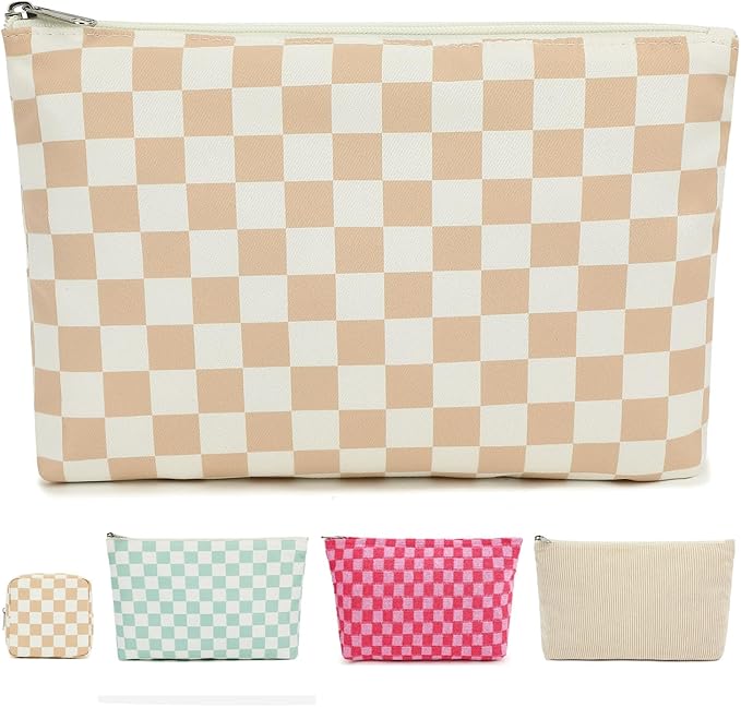 Fammart Checkered Makeup Bag, Travel Cosmetic Bag Organizer Toiletry Bag Make Up Bags with Zipper & Compartments for Women Girls