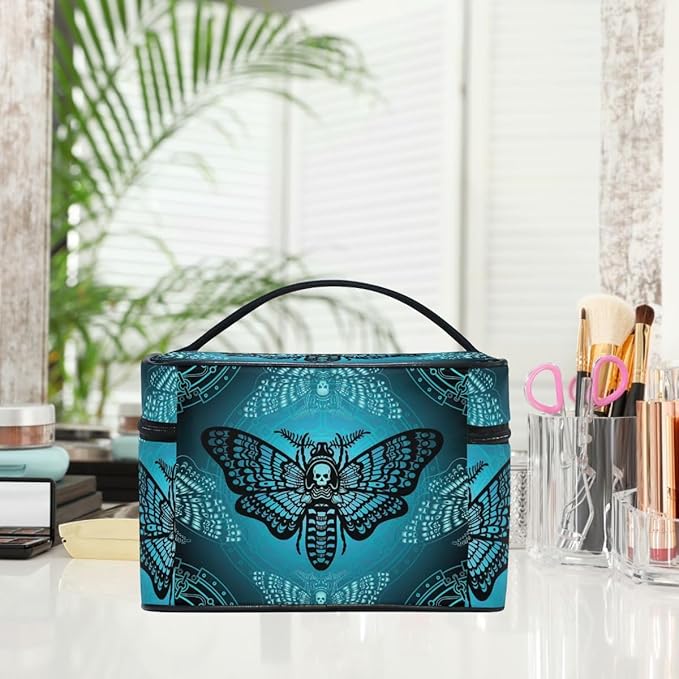 MNSRUU Makeup Bags, Gothic Blue Skull Moth Butterfly Makeup Organizer Bags Toiletry Bag Box Travel Cosmetic Bag Make Up Train Case for Women Teen Girl Ladies