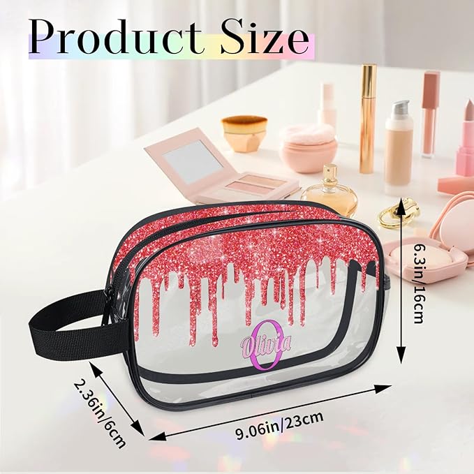 KFNHN Custom Clear Travel Cosmetic Bag with Name, Personalized Transparent Large Capacity Weekend Toiletry Bag Portable Bathroom Makeup Organizer, Shiny Sparkly Fluid Shape Red Glittering
