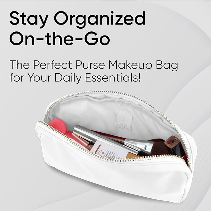 DANCOUR Small Makeup Bag, White, 9.5in x 2in x 5in, Nylon with Gold Zipper, Water Resistant, Multi-Use