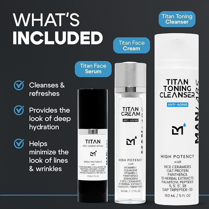 Man Labs Titan Mens Skin Care Kit, 3pc Anti-Aging Facial Care Kit & Routine