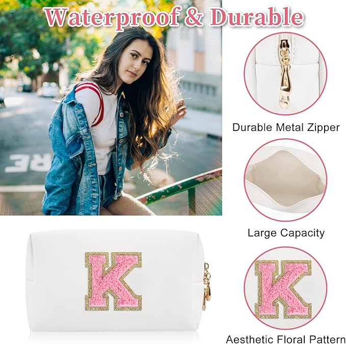 Personalized Initial Letter Patch Makeup Bag, Preppy Portable Chenille Letter Cosmetic Bag with Zipper, PU Leather Waterproof Travel Toiletry Bag Monogram Make Up Pouch for Women Girls(Letter K)