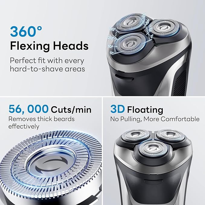 DOAO Electric Razor for Men, 100% Waterproof, Gentle on Sensitive Skin, Wet & Dry Rotary Electric Shavers for Men, Pop-up Beard Trimmer, 120 Min Shaving, 1.5H Fast Charge, Ergonomic Men's Shaver