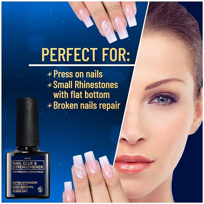 Valitic Strong Nail Glue and Strengthener for Acrylic and Press On Nails - Quick Dry Brush On Gel for Long Lasting Effect - Adhesive Nail Bond for False Nails with Tips Strengthener - 3 Pack