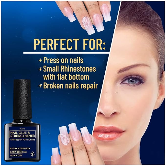 Valitic Strong Nail Glue and Strengthener - Quick Dry Brush On Gel for Long Lasting Nails - Adhesive Bond for False Nails - Strengthener for Nail Tips - 1 Pack