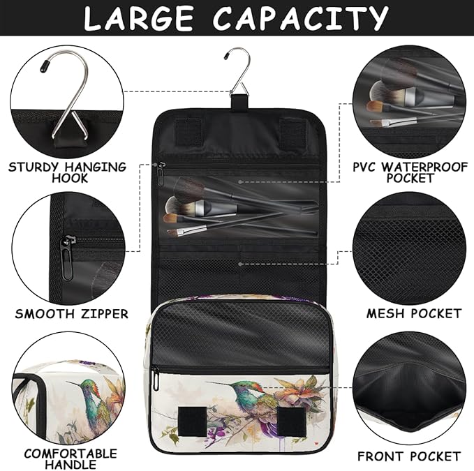 YoYoYuchong Travel Toiletry Bag for Women & Men Colorful Art Bird Hanging Cosmetic Organizer Portable Waterproof Makeup Case Make Up Bag with Compartments Travel Essentials for Bathroom Shower