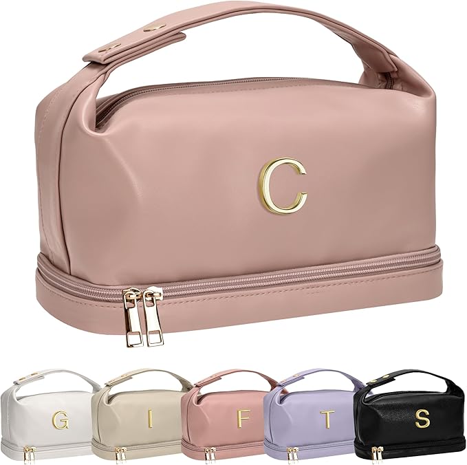Gifts for Her, Personalized Makeup Bag with Handle, Initial Cute Cosmetic Bag with Makeup Brush Organizer, Mermaid Gift-PU Leather Travel Toiletry Bag, Gifts for Friends Female Mom