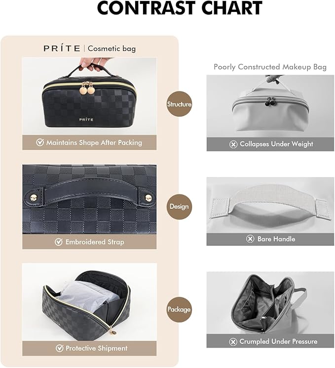 Prite Makeup Bag Travel Toiletry Bag Open Flat Cosmetic Organizer for Women