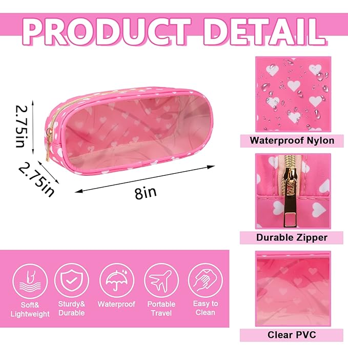 UIXIZQ Clear Small Pencil Pouch Makeup Bag for Purse,Nylon&PVC Pencil Case Waterproof Makeup Brush Holder with Zipper,Preppy Transparent Pen Bag Travel Cosmetic Bag for Women Office(Slim-Pink Heart)