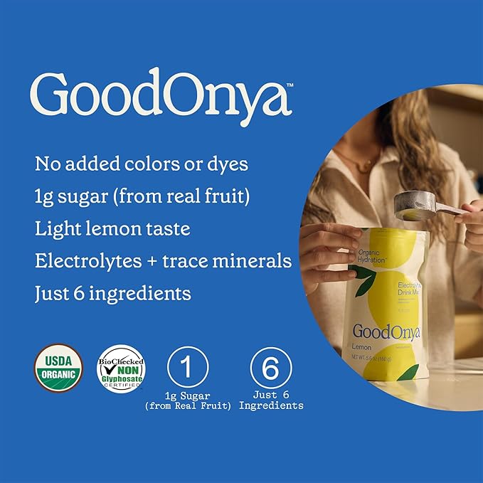 GoodOnya Organic Hydration Electrolyte Drink Mix, Certified Organic Hydration Powder, Non-GMO, Biochecked Glyphosate Free, Low Sugar, Lemonade Flavor, No Artificial Flavors, 20 Servings
